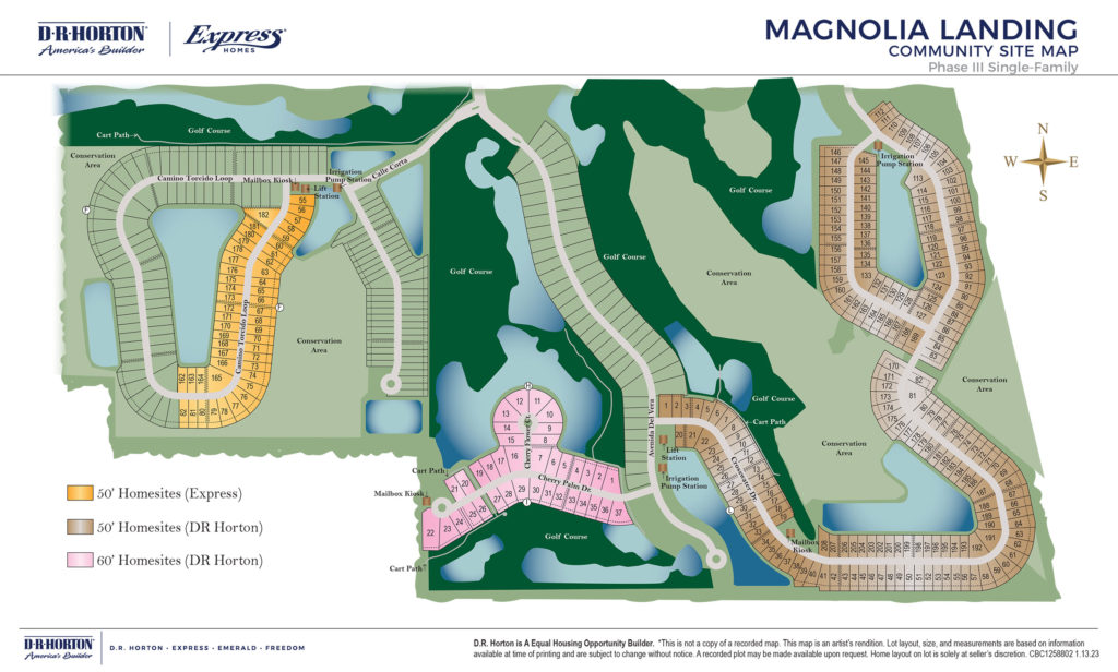 Community Map of 50 & 60 Foot Homesites in Magnolia Landing of Fort Myers FL